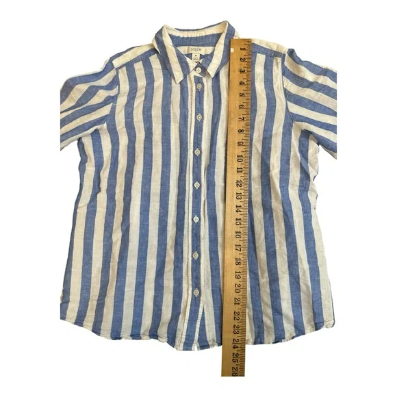 J Crew Linen Shirt M Blue White Stripe Long Sleeve Oxford Collar Preppy Beach - Picture 7 of 8